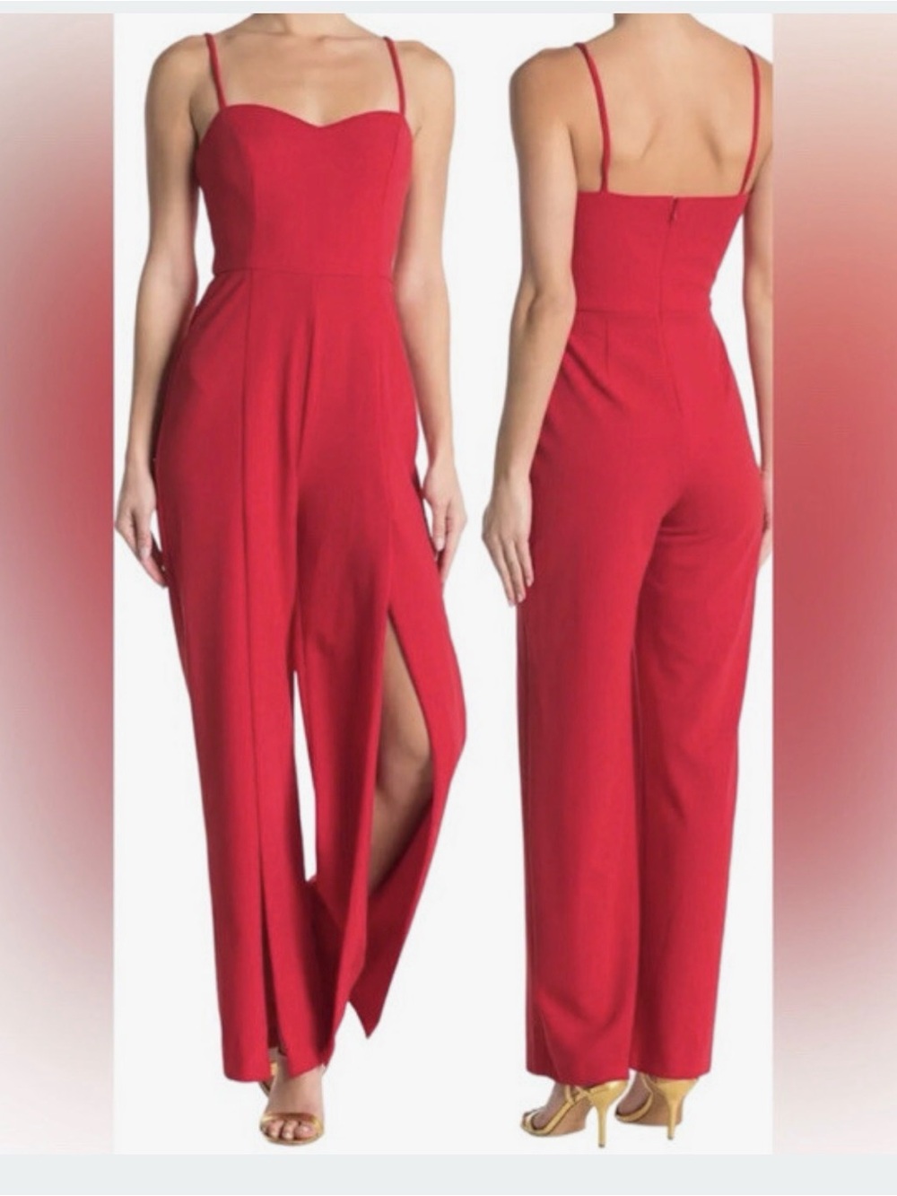 bebe Red Spaghetti-Strap Jumpsuit with Front Leg Slit